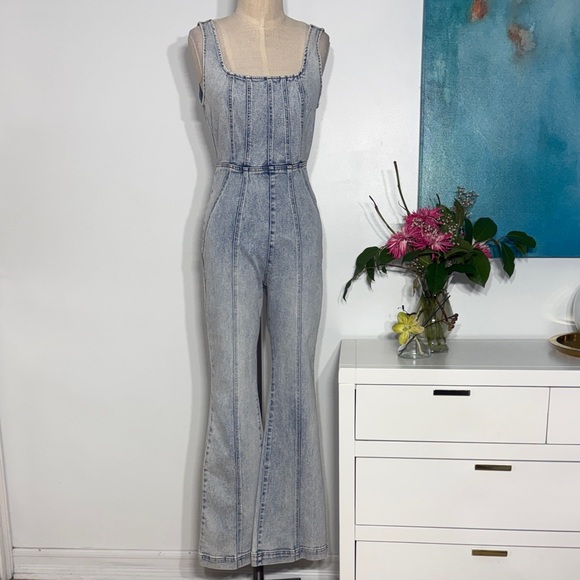 Forever 21 Pants - Forever 21 Light Blue Washed Denim Wide-Leg Jumpsuit